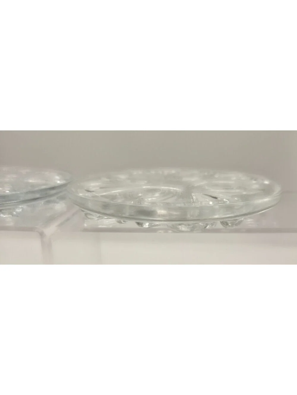 Pair Clear Pressed Glass Round Candle Holders Coasters Raised Floral Scroll